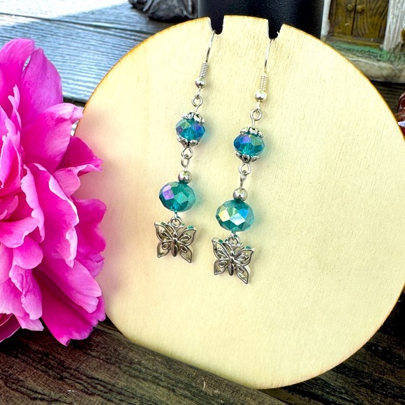 Fairycore Silver and Blue Butterfly Earrings - Picture 1 of 2